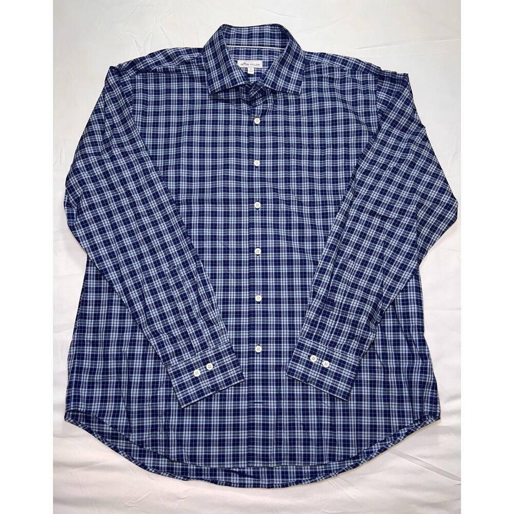 Peter Millar Dress Shirt Men's Size XL Blue White Plaid Long Sleeve Button Down